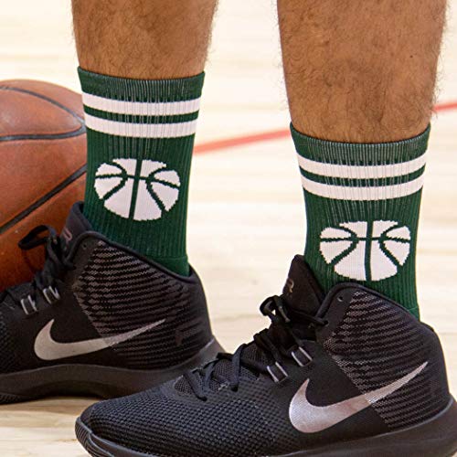 Chalktalksports Basketball Woven Mid-Calf Socks | Classic Stripe & Ball | Green & White #TOP3