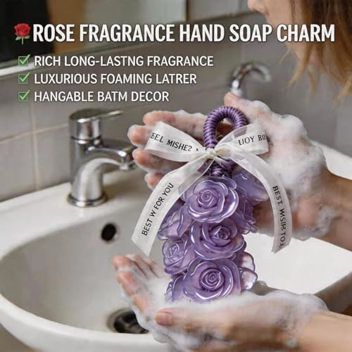 Image of Rose Soap on Rope Cute Shaped Handwashing Grapes Soap Bar, Novelty Hanging Flower Soap for Bathroom Decor,Fun Gift Handmade Soap