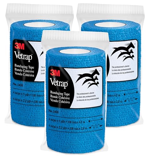 3M Vetrap Bandaging Tape Blue 4 in x 5 yd 3 Pack (3 Rolls) Self-Adherent Cohesive Wrap Hand-Tear Latex-Free Hypoallergenic Sticks to Itself Not Fur