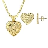 MAXBLING81 14k Solid Gold Plated Brass High-End Nugget Heart Love Vintage Cute Charm Pendant & 20' Figaro Chain Necklace & Stud Earrings Jewelry Gift For Women Men (NECKLACE & EARRINGS SET)