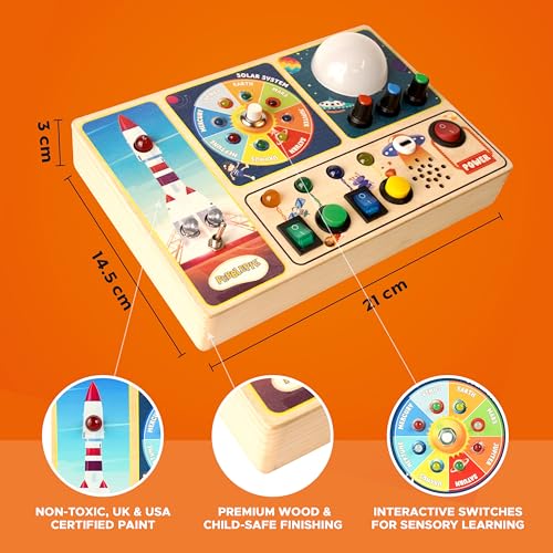 Image of Space Pilot Learning BusyBoard (3-7 Years) | Planets Names & Rocket Launch Sound with LED Color Mixing Lights | Sensory Development and Imagination | Interactive Educational Toy