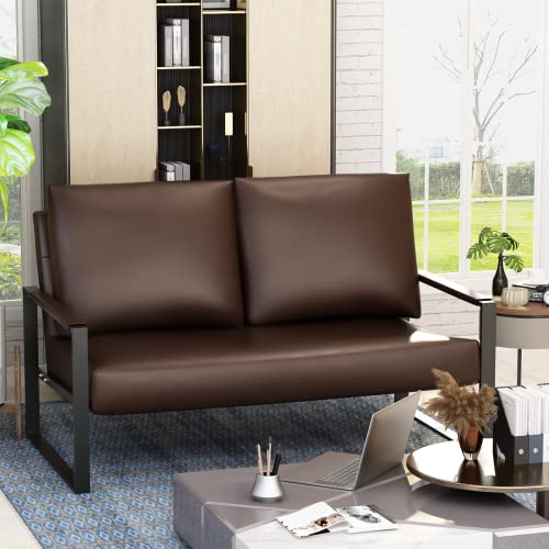 AWQM Faux Leather Loveseat Sofa, Mid-Century 2-Seat Sofa, Modern Living Room Love Seat for Small Spaces - Brown - Thumbnail 5