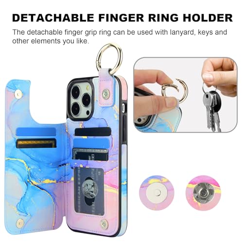 Image of HAOPINSH for iPhone 13 Pro Max Wallet Case with Card Holder, Pink Blue Marble Print Back Flip Folio PU Leather Kickstand Card Slots Case, Finger Grip Ring Double Magnetic Clasp Shockproof 6.7 inch