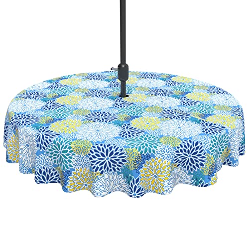 TWLEAR Outdoor Tablecloth with Umbrella Hole and Zipper, Round Table Cloth 60 inch, Patio Table Covers for Spring, Summer, Party, Backyard, Picnic, BBQs, Dahlia Blue