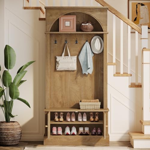 Image of Tribesigns Hall Tree with Bench and Shoe Storage, 4-in-1 Design Entryway Bench with Coat Rack, 70.86 inch Tall Mudroom Rack with 5 Double Hooks and Adjustable Shelf for Hallway (Brown)