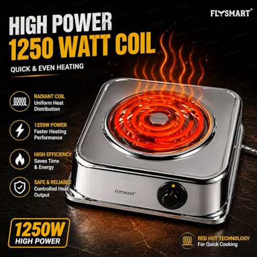 Image of Solid Heavy Body Electric Coil Cooking Stove | Chrome Plated Radiant Hot Plate Cooktop | Push Button Control | Portable Electric Heater & Cooking Plate (Silver)