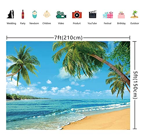 INRUI Tropical Beach Photography Background Summer Palm Trees Backdrop Blue Sea Sky Sunshine Luau Themed Party Decoration (7x5FT) - Image 3