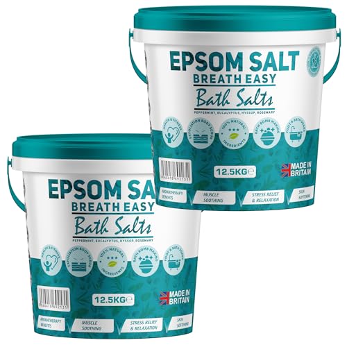 Scented Epsom Bath Salts 25kg - Breath Easy with Peppermint, Eucalyptus & Rosemary Essential Oil | 100% Natural Magnesium Sulphate | Infused Bath & Foot Soak for Sleep, Stress Relief & Muscle Recovery