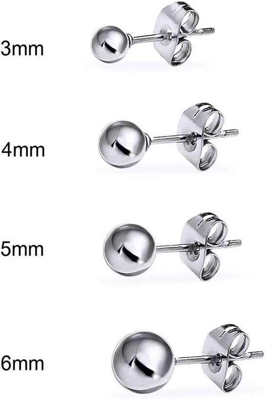 4 Pair Set of Round Ball Stud Earrings In Not Hollow, Solid Sterling Silver 3MM - 6MM