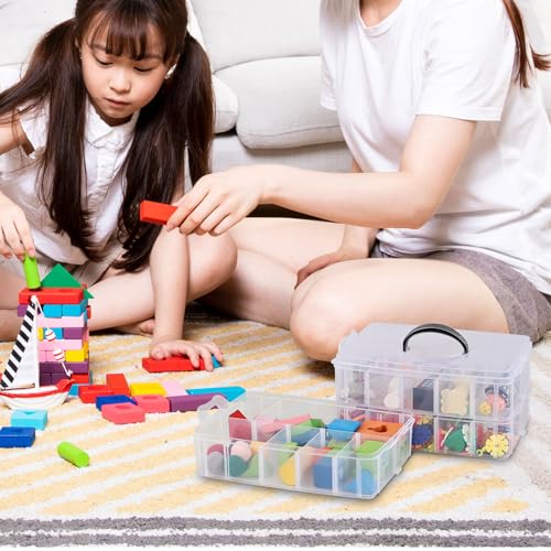 Image of Vababa Clear 3-Tier Stackable Storage Containers with Adjustable 30 Compartments, Jewelry Sewing Storage Box with Handle