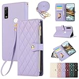Yuotky for Arrows F-51B ケース 手帳型 Arrows We F-51B ケース ショルダー アローズ FCG01 スマホケース ひし形柄 F51B カバー人気 女性 肩掛け カード収納 ジップ付き財布 小銭入れ 横置き機能 シンプル お洒落 携帯ケース (ミスティ・パープル)