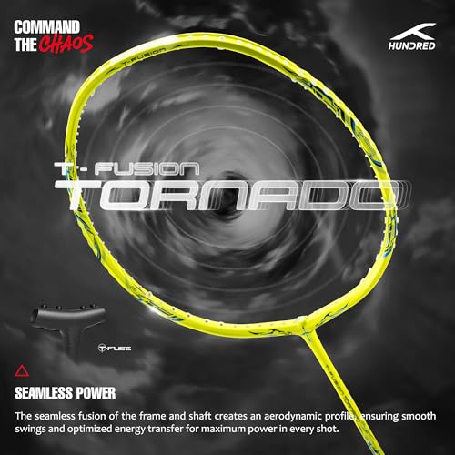 Image of Hundred T-Fusion Tornado Badminton Racket with Full Cover | ≤32 lbs | Performance Racket | Sturdy Frame & Smooth Swing | Offensive Shots & Fast Game