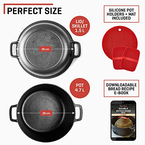 Uno Casa Cast Iron Dutch Oven with Lid- 2-in-1 Camping Oven – 5 Qt Pot with 1.6 Qt Skillet Lid, Pre-Seasoned Combo Cooker with Accessories for Bread, Camping & Home Cooking - Image 3