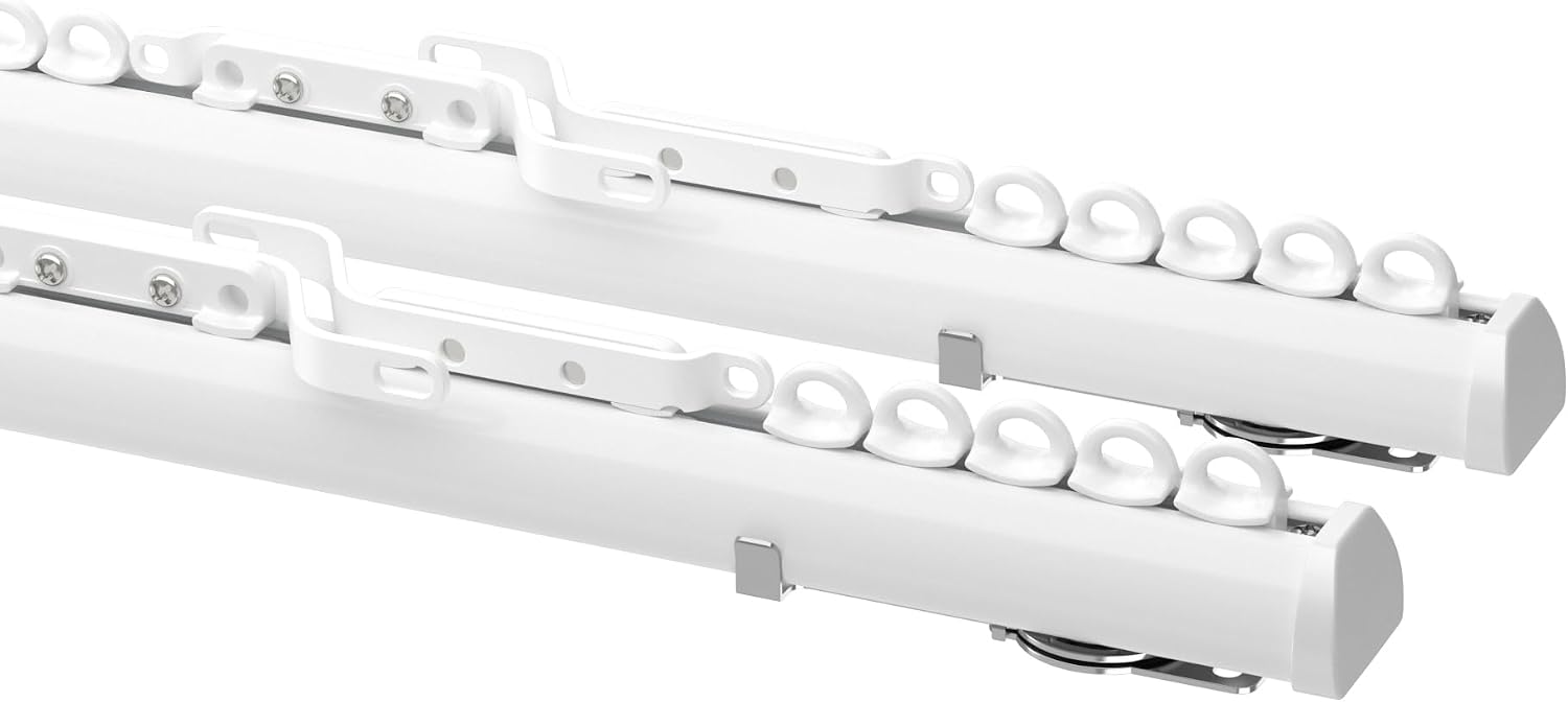ChadMade Aluminum Ceiling or Wall Mount Curtain Track Kit for Windows 12-216 Inch, Heavy Duty Double Window Rods For Living Room Bedroom, Custom Size Track Rail Set (White, Double)