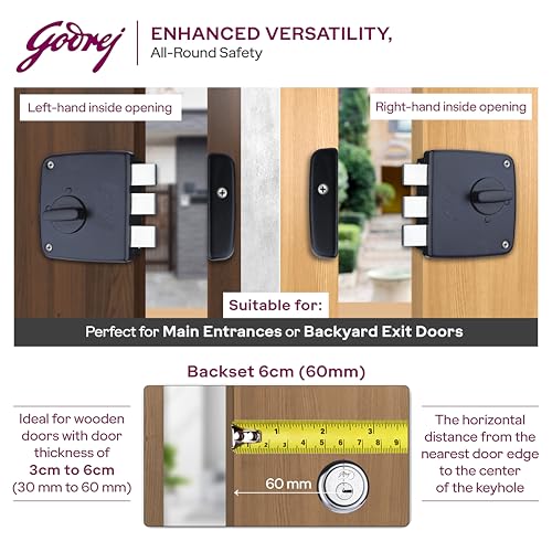 Image of Godrej Tribolt Compact 1CK DB | Triple Bolt Lock for Main Doors | 21mm Deadbolt | 60mm Backset | 3 Reversible Keys | 3-Bolt Locking | Textured Black Finish | 5 Year Warranty