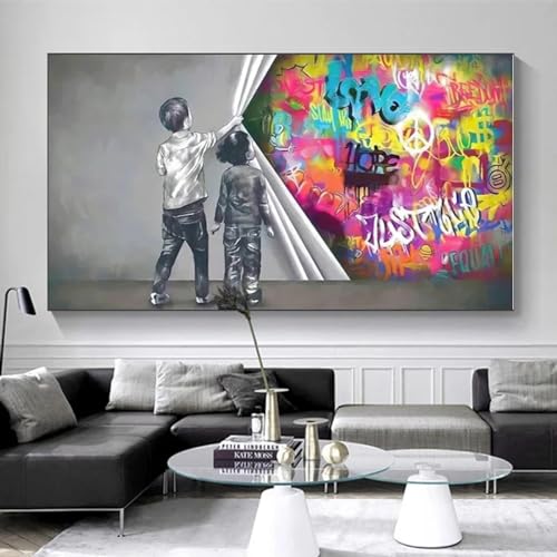 Peinture décorative graffiti abstrait et cadre noir grand format 75x150 cm