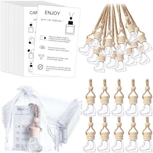 Image of Boao 25 Sets Hanging Car Air Freshener Diffuser Bottles Empty Bulk with Car Diffuser Instruction Cards Organza Bags Glass Refillable Essential Oil Fragrance Aromatherapy Pendant (Heart,Clear)