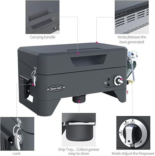 Miniatura 4 de Leconchef - Parrilla de gas 2 en 1 con capucha, parrilla portátil de propano para exteriores, caravana, barbacoa, campamento, 16.3 pulgadas, 12000