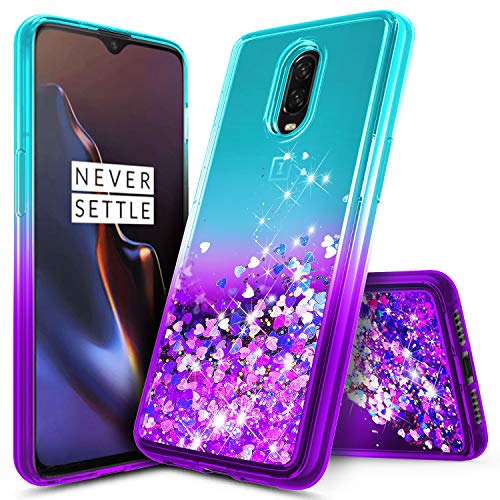 OnePlus 6T Case, NageBee Glitter Liquid Quicksand Waterfall Floating Flowing Sparkle Shiny Bling Diamond Girls Cute Case for The OnePlus 6T Smartphone (2018) -Aqua/Purple