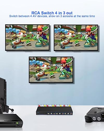 RCA Switch Box 4 in 3 Out: 4 Way AV Splitter 3 Output with Remote Control for Audio Video Distribution, RCA Splitter Switcher Composite Video L/R Audio Selector Box for DVD STB Game Consoles - Thumbnail 4