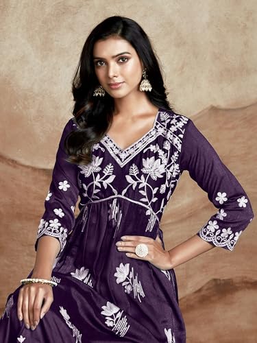 Image of EthnicJunction Women's Silk Blend Regular Fit Chikankari Embroidered Naira Cut Kurta