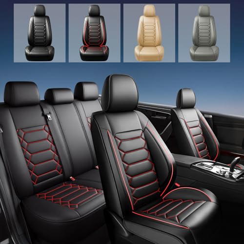 Image of Fit Terrain Car Seat Covers (5 Seats Full Set) Compatible with GMC Terrain 2010-2025 2026-Full Coverage Breathable Leather, Airbag Compatible, Waterproof & All-Weather, Black+Red