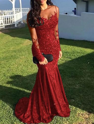Mermaid Evening Gown Sequin Prom Dress Sparkle Formal Gown Sweep/Brush Train Long Sleeve Illusion Neck 20244