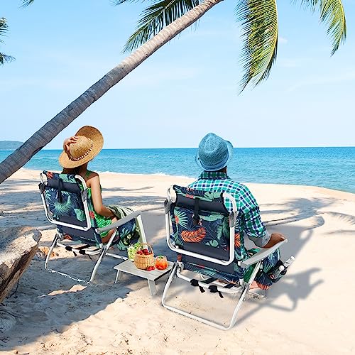 Image of Giantex Folding Beach Chair, Patio Sling Chairs with 5 Adjustable Position, Head Pillow, Storage Bag, Towel Bar, Cup Holders, Backpack Chairs for Sunbathing, Camping Chair