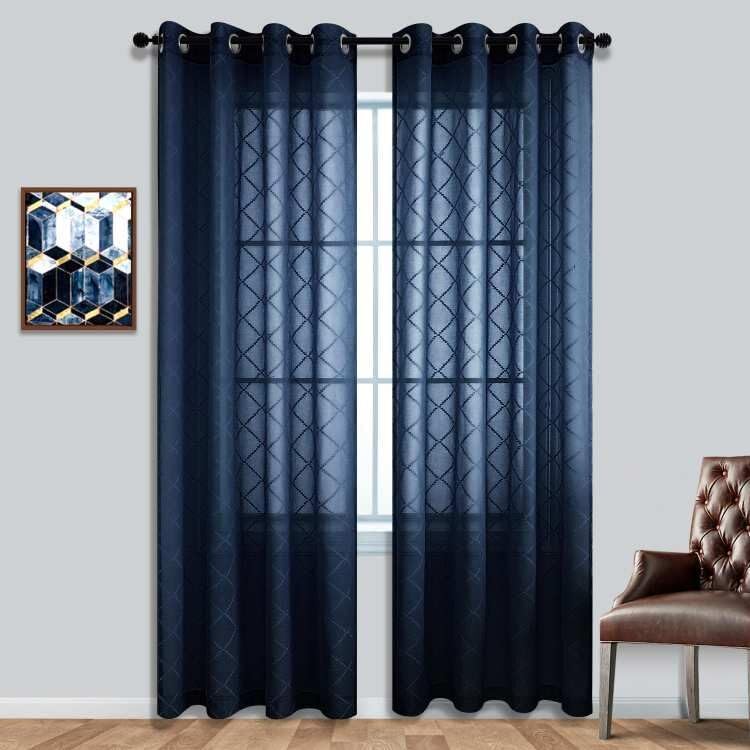 Navy Blue Diamond Linen Look Long Curtains for Living Room 108 Inches Long
