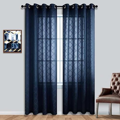 Navy Blue Diamond Linen Look Long Curtains for Living Room 108 Inches Long