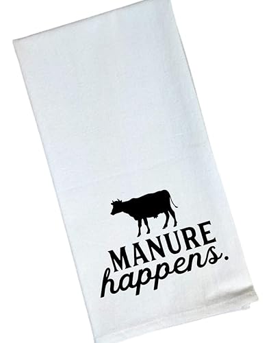 Funny Flour Sack, Tea Kitchen Towel - Manure Happens - Cow - Farmhouse decor, rustic