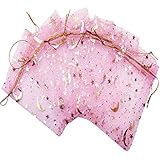 100 Pcs 3.5 x 4.7 Inch Pink Organza Jewelry Gift Bag, Moon Star Drawstring Candy Bag for Wedding Par