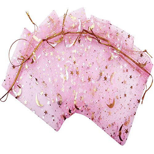 100 Pcs 3.5 X 4.7 Inch Pink Organza Jewelry Gift Bag, Moon Star Drawstring Candy Bag For Wedding Party Valentine's Day. #TOP8
