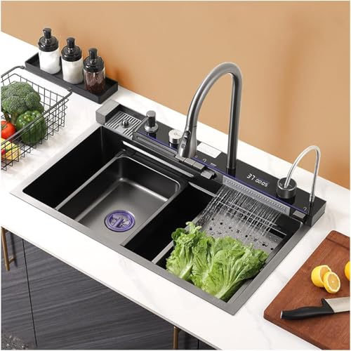 Image of Kitchen Sink 304 Grade Anti Scratch Design with Integrated Waterfall and Pull-Down Faucet Set and All Accessories All in One Stainless Steel Sink for Kitchen (Digital (30X18X9))