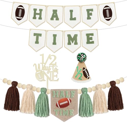 Image of THAWAY Football 1 /2 Birthday Decorations Kit - Includes inchHalf Time inch Banner, High Chair Garland, inch1 /2 Way to One inch Cake Topper, Soft Cone & Photo Backdrop for 6-Month Football Party