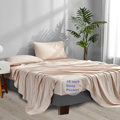 ACCURATEX Cooling Sheets King Size - Viscose Made from Bamboo, Luxury Cool Silky Sheet Set for King Size Bed, Super Soft Breathable Bedding Sheets up to 16 inches Deep Pockect,Sandy