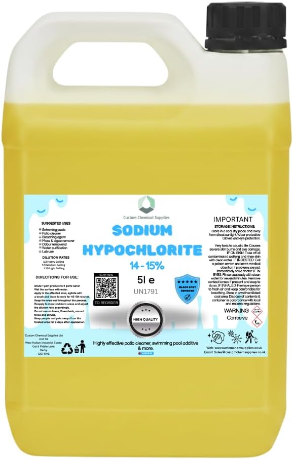 Sodium Hypochlorite 14-15% 5L, Patio Cleaner | High Strength, Swimming Pool Chlorine