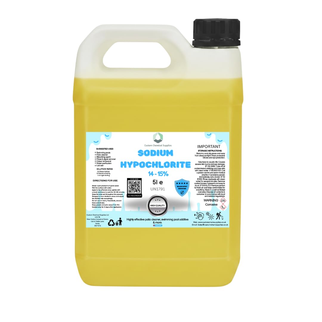 Sodium Hypochlorite 14-15% 5L, Patio Cleaner | High Strength, Swimming Pool Chlorine