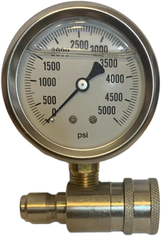 Stainless Steel 3/8 NPT-M QC Plug X 3/8 WSocket, Liquid Filled 0-5000 PSI in Line Pressure Washer Testing Gauge 212F Max