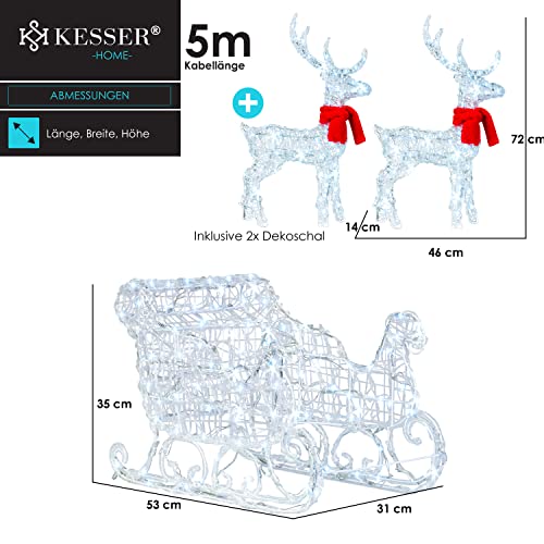 KESSER® 240er LED Rentiere mit Schlitten weiß Timer Inkl. 2X Dekoschal Weihnachtsbeleuchtung für außen und innen Weihnachtsfigur Weihnachtsdekoration mit Dauerbeleuchtung und blinkende