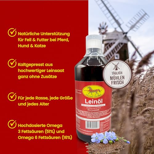 Scheidler horse-direkt Leinöl für Pferde, Hunde & Katzen 1 Liter – Mühlenfrisch kaltgepresstes Leinsamenöl ohne Zusätze – Reich an Omega 3 & 6 für Fellwechsel/Barf Öl – Aus Deutschland