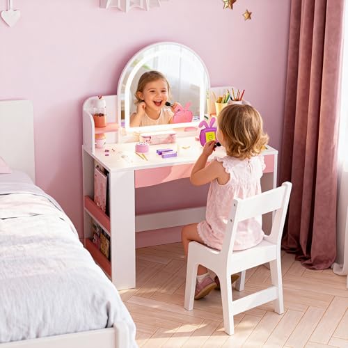 Image of Teckid Kids Vanity Table and Chair Set with Lights, Toddler Vanity Desk for Girls, Princess Makeup Vanity for Kids with Storage Shelves, Open Bookshelf and Stools, White