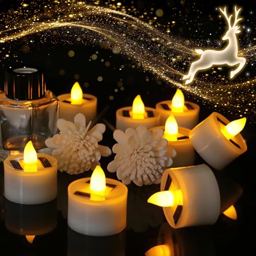 LED Tea Lights Candles, Solar Tea Lights 12 Pack Candles Battery Operated Flickering Flameless Candle, Solar Rechargeable Tealight Candle for Home Garden Balcony Lantern Graves Decora