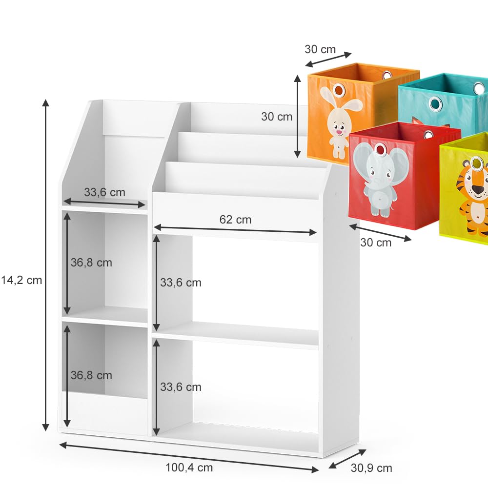 Vicco Bibliothèque Enfant Luigi, Blanc, 100.4x114.2cm avec 4 boîtes Pliantes (Multicolores), combinable pour Le Rangement des Jouets et des Livres
