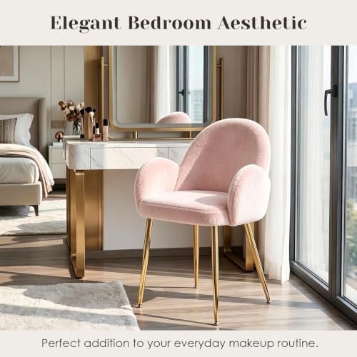 Image of Eifizek Petal Makeup Vanity Chair with Back, Cute Flower Office Desk Chair Comfy No Wheels for Girls /Women, Corduroy Upholstered Chair with Gold Metal Legs for Living Room, Bedroom, Home Office, Pink