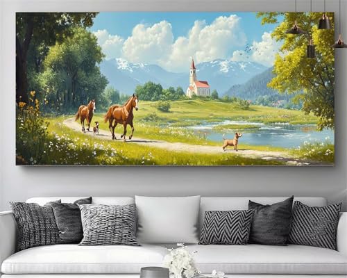 Kit broderie diamant complet 5D cheval et chien 40x120cm canevas strass cristal