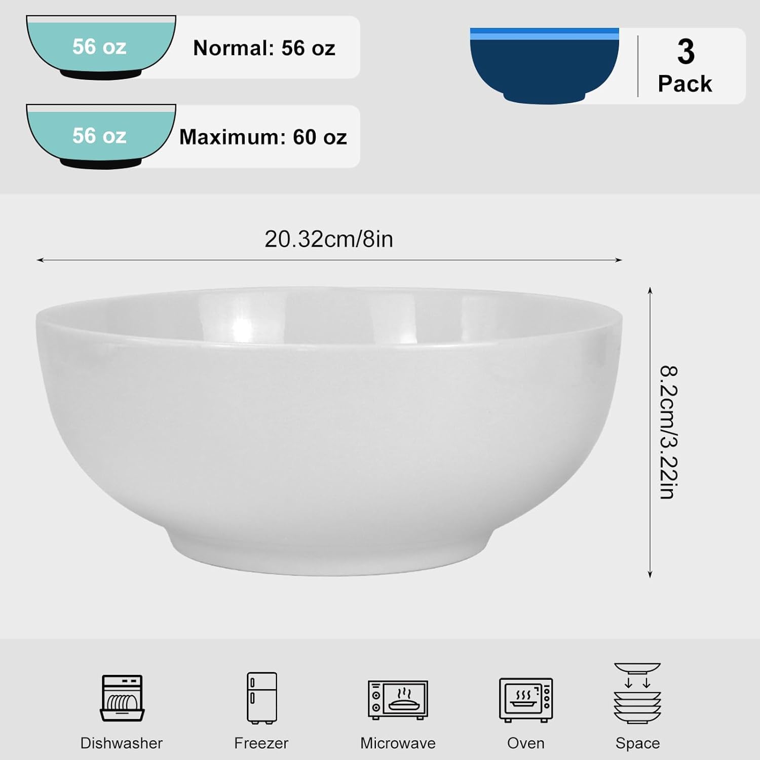 Malloom Lot de 3 grands bols à soupe de 1700 ml, bols à pho de 20 cm, en porcelaine blanc crème, parfaits pour les repas salés et le service