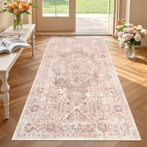 TUKDAK Rosa Vintage Teppich Läufer Flur 80x150 cm, Teppichläufer für Flure rutschfest, Waschbar Kurzflor Küchenläufer, Küchenteppich für Flur Waschküche Eingang Wohnzimmer