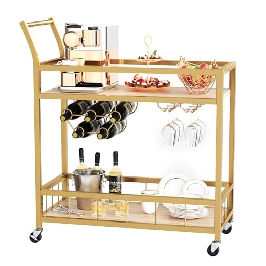 Furmax Bar Cart Home Industrial Mobile Bar Cart Serving Wine Cart on Wheels with Wine Rack and Glass Holder 2 Wood Storage Shelves for Living Room, Kitchen, Party (Gold)