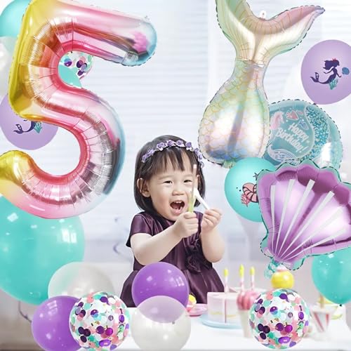 Image of Mermaid Birthday Decorations Mermaid Balloons - Number 5 Balloons for Girls Under The Sea Mermaid Theme Baby Shower Birthday Favors